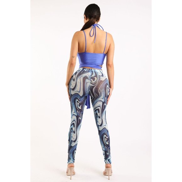Women's Strappy Top and Print Mesh Leggings Set O Ring 2 Piece Outfits Clubwear - Picture 10 of 11